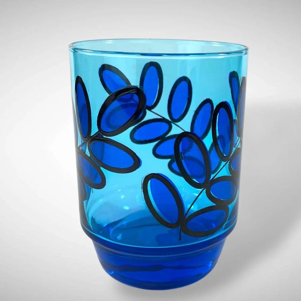 Set of 6 Electric Blue Glass Tumblers Abstract Leaf‎ Design Vintage Barware
